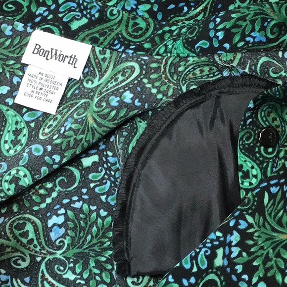 🦚VTG BonWorth Petite Black Teal Paisley Long Sleeve Blouse - Picture 7 of 8